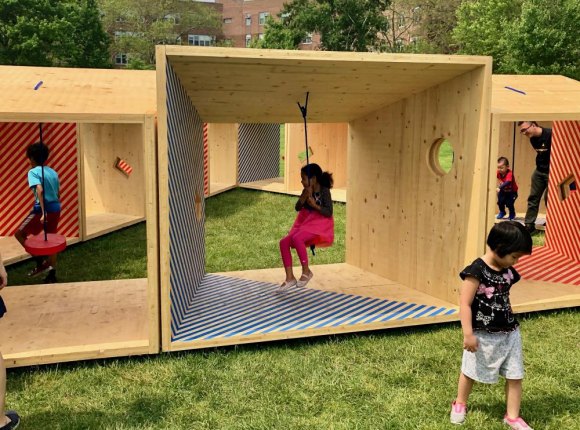 Scenes From FIGMENT NYC 2019, Early in Lighthouse Park Kids swing, inside and outside the boxes.